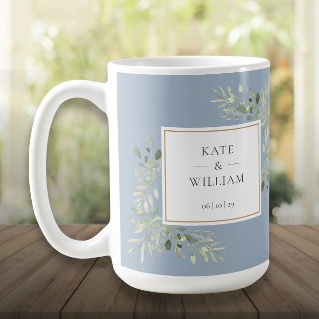 Taza De Café Boda elegante de acuarela verde azul polvoriento (Dusty Blue Elegant Watercolor Greenery Wedding Coffee Mug)