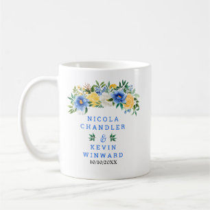 Taza De Café Boda floral azul y amarillo