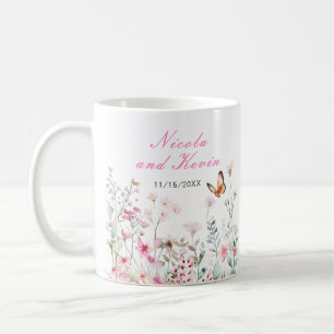 Taza De Café Boda Floral Mariposa Rosa Profundo Primavera