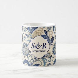 Taza De Café Boda floral Monograma Blue & Cream Damask