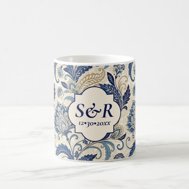 Taza De Café Boda floral Monograma Blue & Cream Damask (Centro)