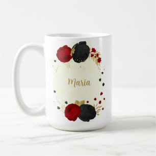 Taza De Café boda floral roja negra y dorada
