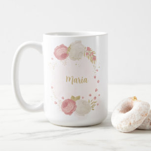 Taza De Café Boda floral romántica rosa blanca y dorada