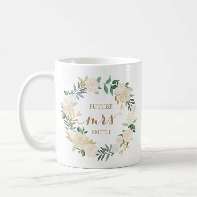 Taza De Café Boda Gold White Flower planea Sra. Coffee Mug (Izquierda)