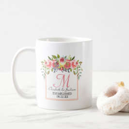 Taza De Café Boda Monograma Peach Watercolor Floral Wreath