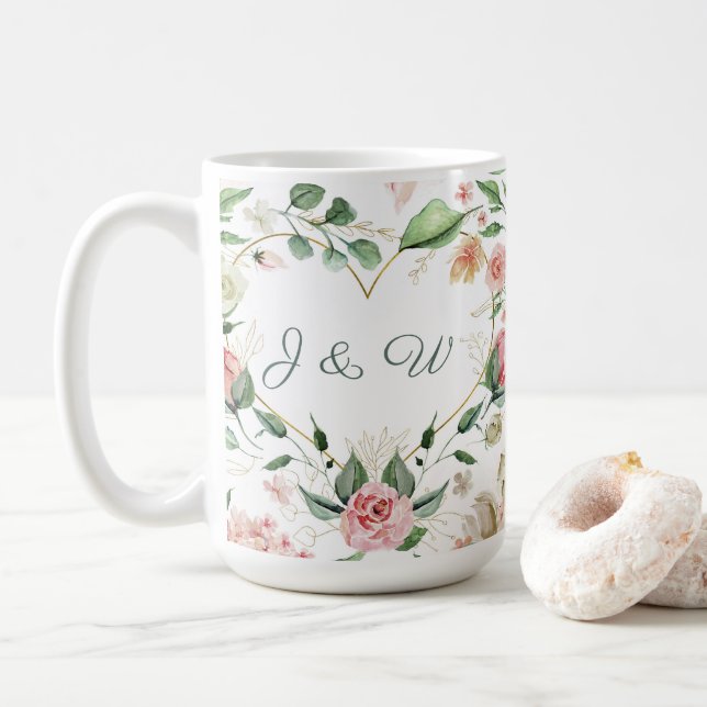 Taza De Café Boda Monograma Rubor Floral Gold (Con donut)