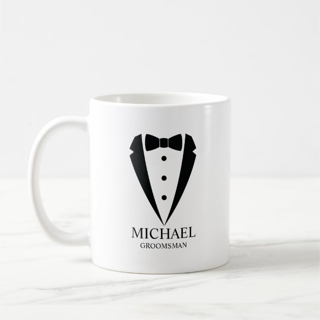Taza De Café Boda negro Tuxedo Suit Groomsmen personalizado (Izquierda)