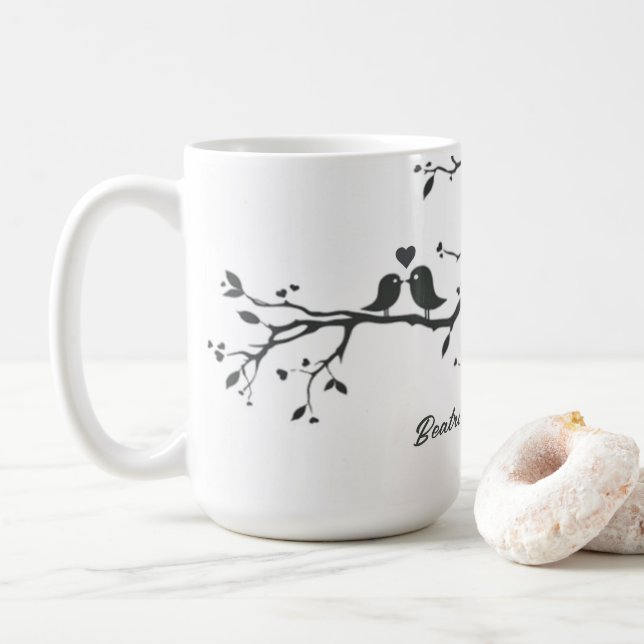 Taza De Café Boda personalizada Fecha aniversario Amarre Aves (Con donut)