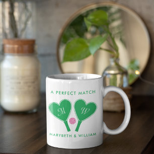 Taza De Café Boda Preppy Verde y Rosa Pickleball