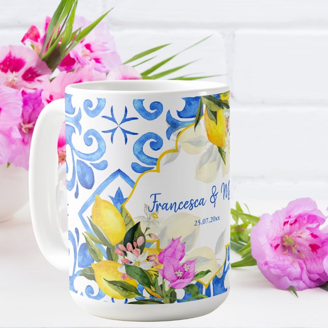 Taza De Café Boda Regalo Azulejos azul limón Bougainvillea pers (Subido por el creador)