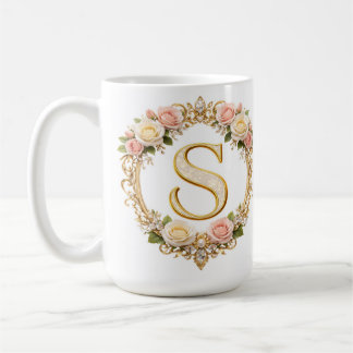Taza De Café Boda Rosa Dorado Floral Monograma Letra S