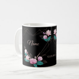 Taza De Café Boda Rosa Floral Dorado Geométrico Elegante Negro