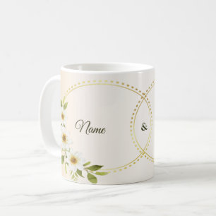 Taza De Café Boda Rústica Dorada Geométrica Blanca Floral Meloc