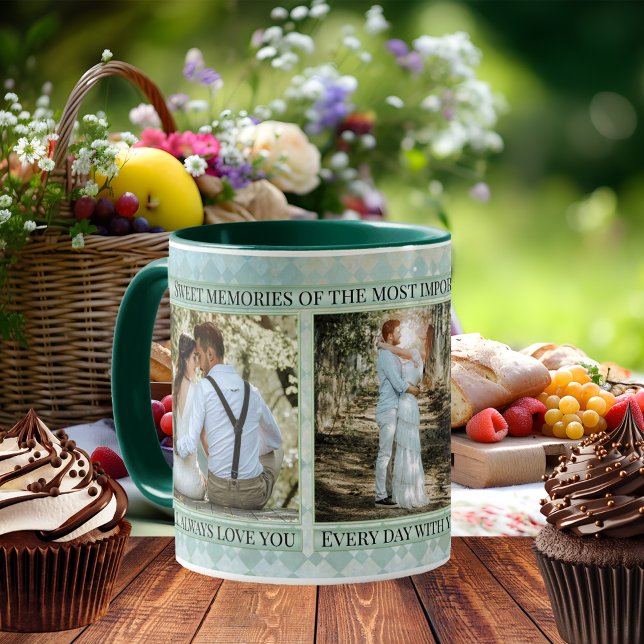 Taza De Café Boda verde azul Pastel Foto Keepsake Mug (Wedding photo mug featuring your own photos framed by an elegant pastel blue green patterned design)