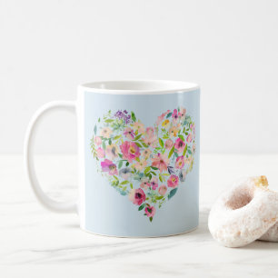 Taza De Café Boho Bailee   Corazón floral Blue Pastel Inicial