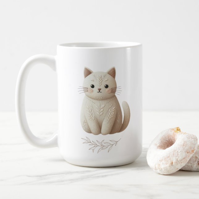 Taza De Café Boho bordado Beige Kitty con hojas (Con donut)