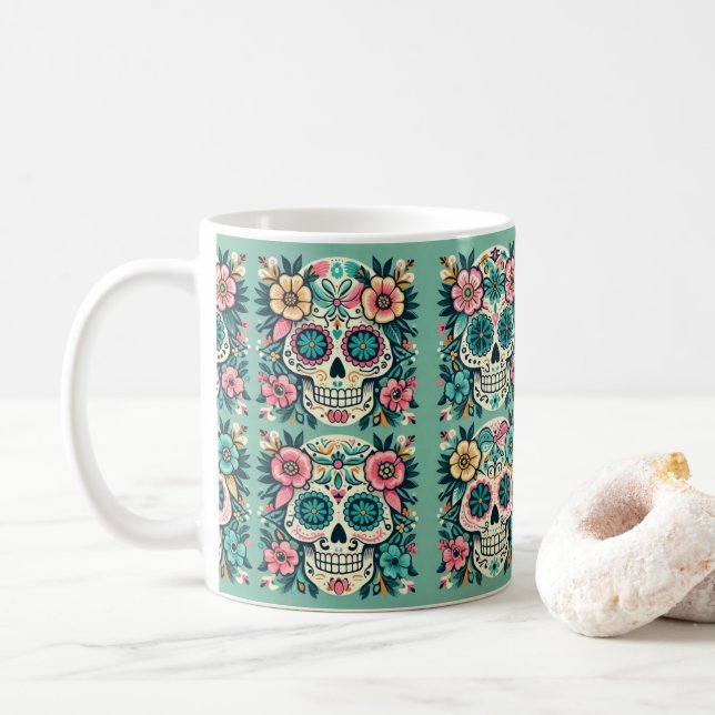 Taza De Café Boho Calaveras de Azúcar (Con donut)