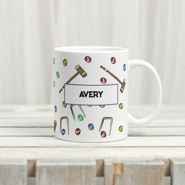 Taza De Café Boho de Croquet personalizado ilustrado a mano (This personalized croquet pattern is hand-drawn and unique. A great gift for a croquet player!
)
