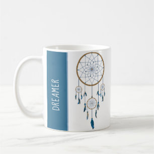 Taza De Café Boho Dreamcatcher cuatro plumas del azul del Web