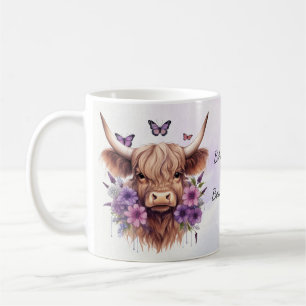 Taza De Café Boho Dreams Floral Purple Highland Cow Whimsical