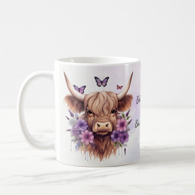 Taza De Café Boho Dreams Floral Purple Highland Cow Whimsical (Izquierda)