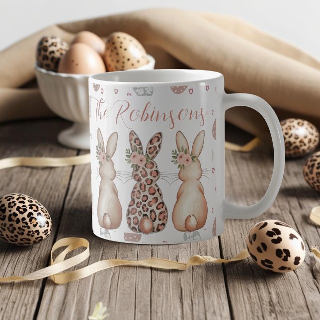 Taza De Café Boho Floral Bunnies Personalizados Pascua (Boho Floral Bunnies Personalized Easter Coffee Mug)