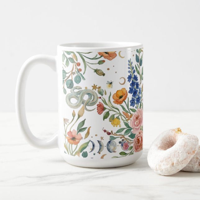 Taza De Café Boho Floral Celestial Moon  & Snakes Botanical (Con donut)