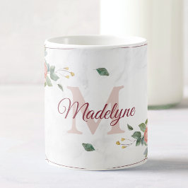 Taza De Café Boho Floral Geométrico Rosa Personalizado Monogram