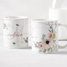 Taza De Café Boho Floral Geométrico Rosa Personalizado Monogram