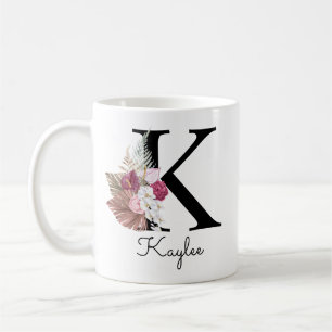Taza De Café Boho floral inicial K rosa monograma femenino