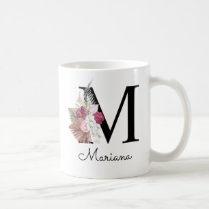 Taza De Café Boho floral inicial M rosa monograma femenino