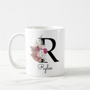 Taza De Café Boho floral inicial R rosa monograma femenino
