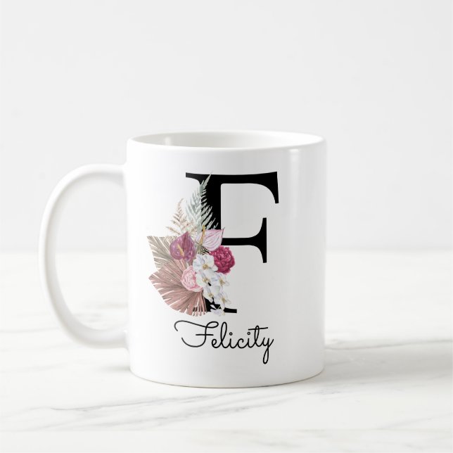 Taza De Café Boho floral moderno rosa inicial F (Izquierda)