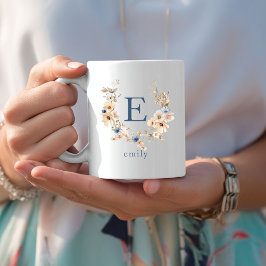 Taza De Café Boho Floral Monograma Mug con nombre editable