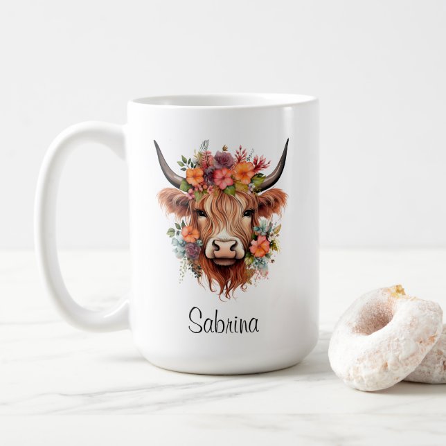 Taza De Café Boho Floral Scottish Highland Cow Personalizado oc (Con donut)
