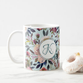 Taza De Café Boho Flores Green Pink Monogramado