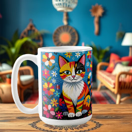Taza De Café Boho Folk Art Cat, Flowers & Butterfly  