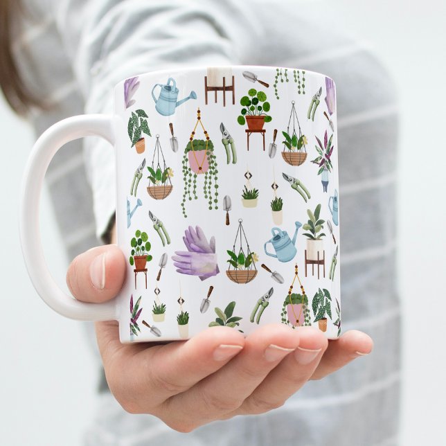 Taza De Café Boho Green Potant Pattern Coffee Mug (Woman's hand holds the potted plant pattern coffee mug)