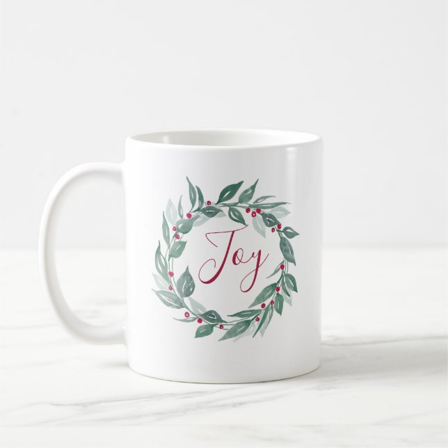 Taza De Café Boho Greenery Wreath Red Berries Joy Holiday (Izquierda)