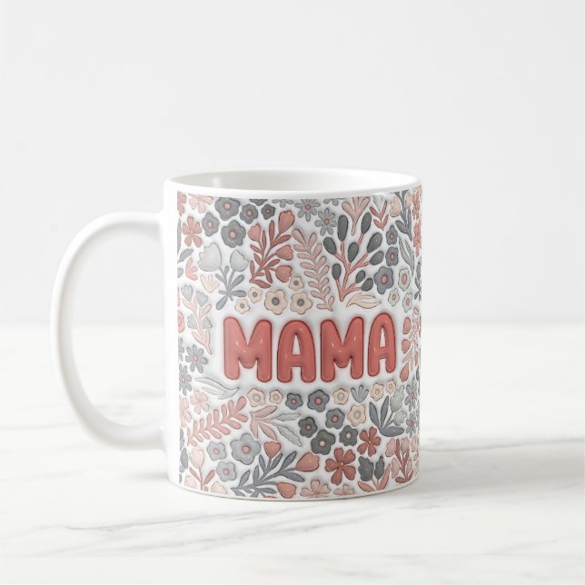Taza De Café Boho Mama Gris Rosa Patrón de Efecto 3D Floral (Izquierda)