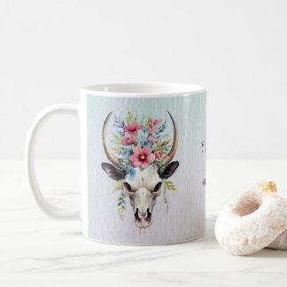 Taza De Café Boho Moda Watercolor Floral Cow Skull