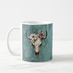 Taza De Café Boho Moda Watercolor Floral Cow Skull