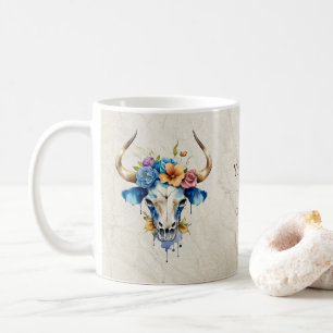 Taza De Café Boho Moda Watercolor Floral Cow Skull