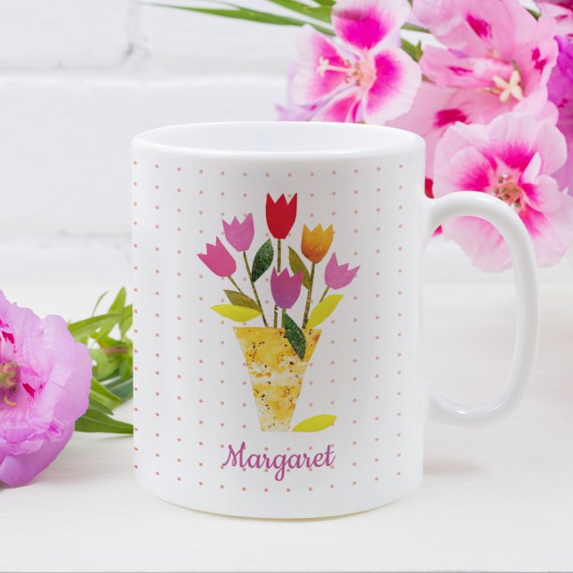 Taza De Café Boho Modern Tulips Pascua De Primavera Ilustrada A (This beautiful spring Easter mug for her features my own unique collage art of colorful tulips.)