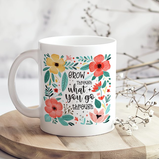 Taza De Café Boho Pastel Wildflowers Autocuidado Inspirador (Boho Pastel Wildflowers Inspirational Self-Care Coffee Mug on a boho kitchen table.)