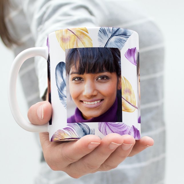 Taza De Café Boho pluma la foto en blanco morado (Subido por el creador)