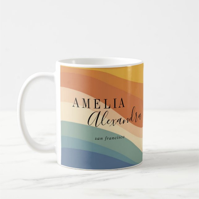 Taza De Café Boho Retro Script Líneas Onduladas Abstractas Amar (Izquierda)