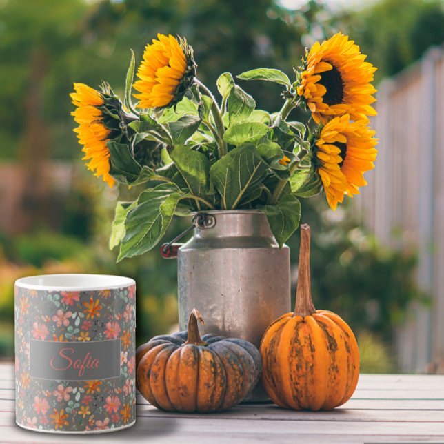 Taza De Café Boho rústico naranja flor acuarela patrón gris (Subido por el creador)