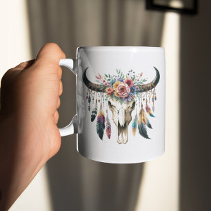 Taza De Café Boho Skull Nativo Estadounidense Feather Colorous