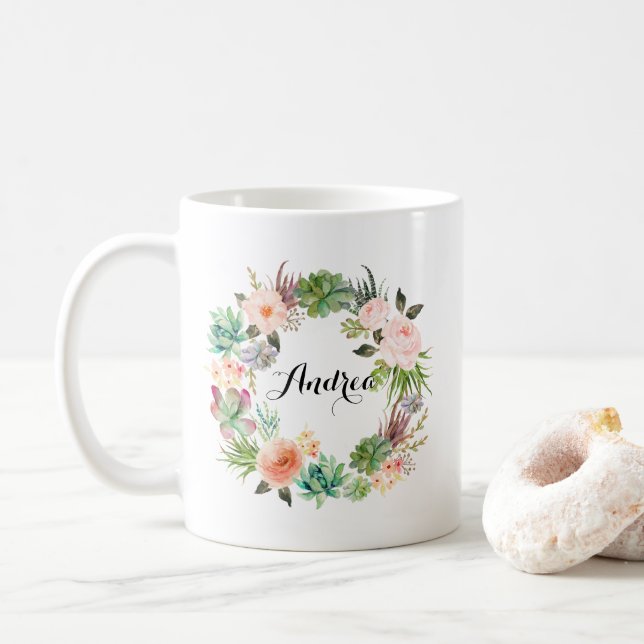 Taza De Café Boho Suculenta la flor floral personalizada (Con donut)